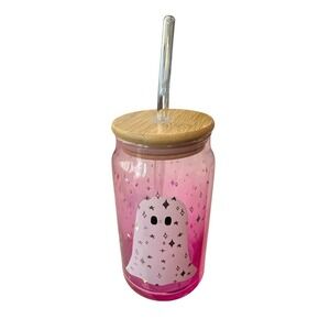 New Prima‎ Design Glass Pink Ghost Sipper Glasses Halloween Tumbler Cup